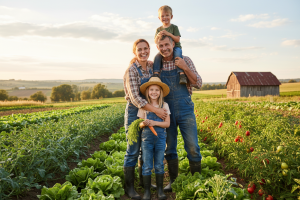 Family of four on farm with vegetables, girl holding carrot